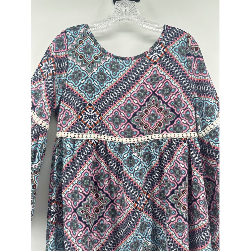 Altar'd State Womens Blue Pink Geometric Bell Sleeve Boho Mini Dress M Festival - Picture 10 of 11